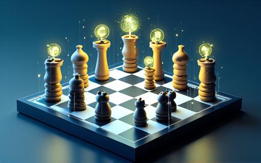 A chessboard with digital icons, symbolizing strategic planning.